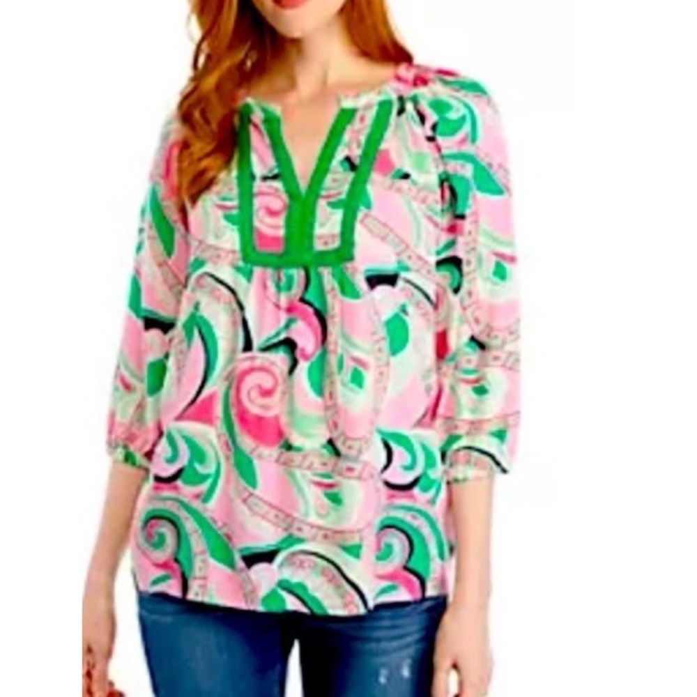 Crown & Ivy Curvy Pink Green Palm Print Blouse Top 3X NWT 8V308
